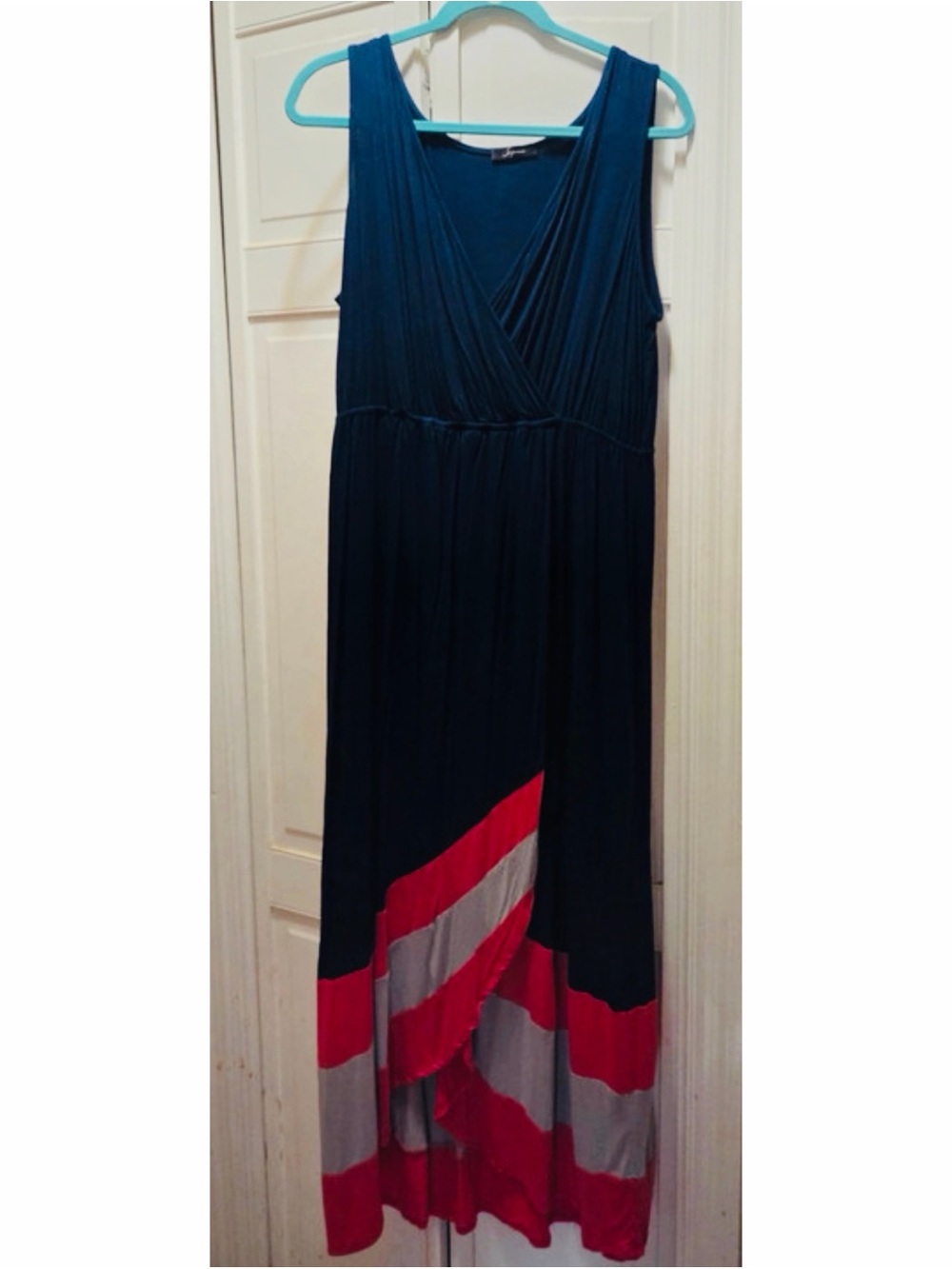 Soprano Navy Maxi High Low Stretch Dress with Red and Gray Chevron Hem XXL